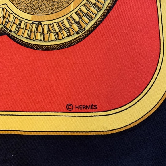 Vintage RARE Hermes Navy Red Silk Scarf Horses - Picture 4 of 6